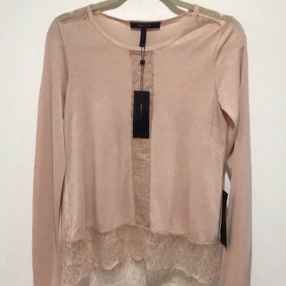 NWT BCBGMaxAzria Bare Pink and Lace Top, Size‎ XXS